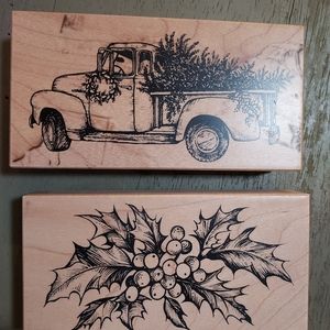 Large Vtg rubber stamps holly berries, old Ford truck Christmas tree